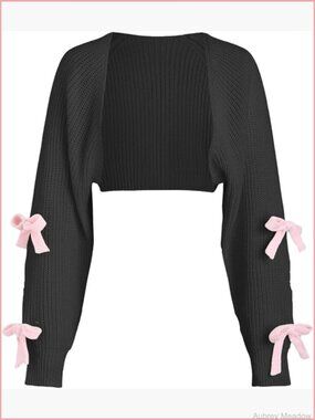 Womens Bow Sweater Cute Cropped Cardigan Long Sleeve Knitted Shrug